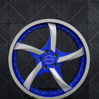 VP08 2024 Ford Mustang GT Premium Performance Pack Big Brakes 5-spoke directional Impact Blue and Silver forged wheel front view 20 inch setup by VASL Performance