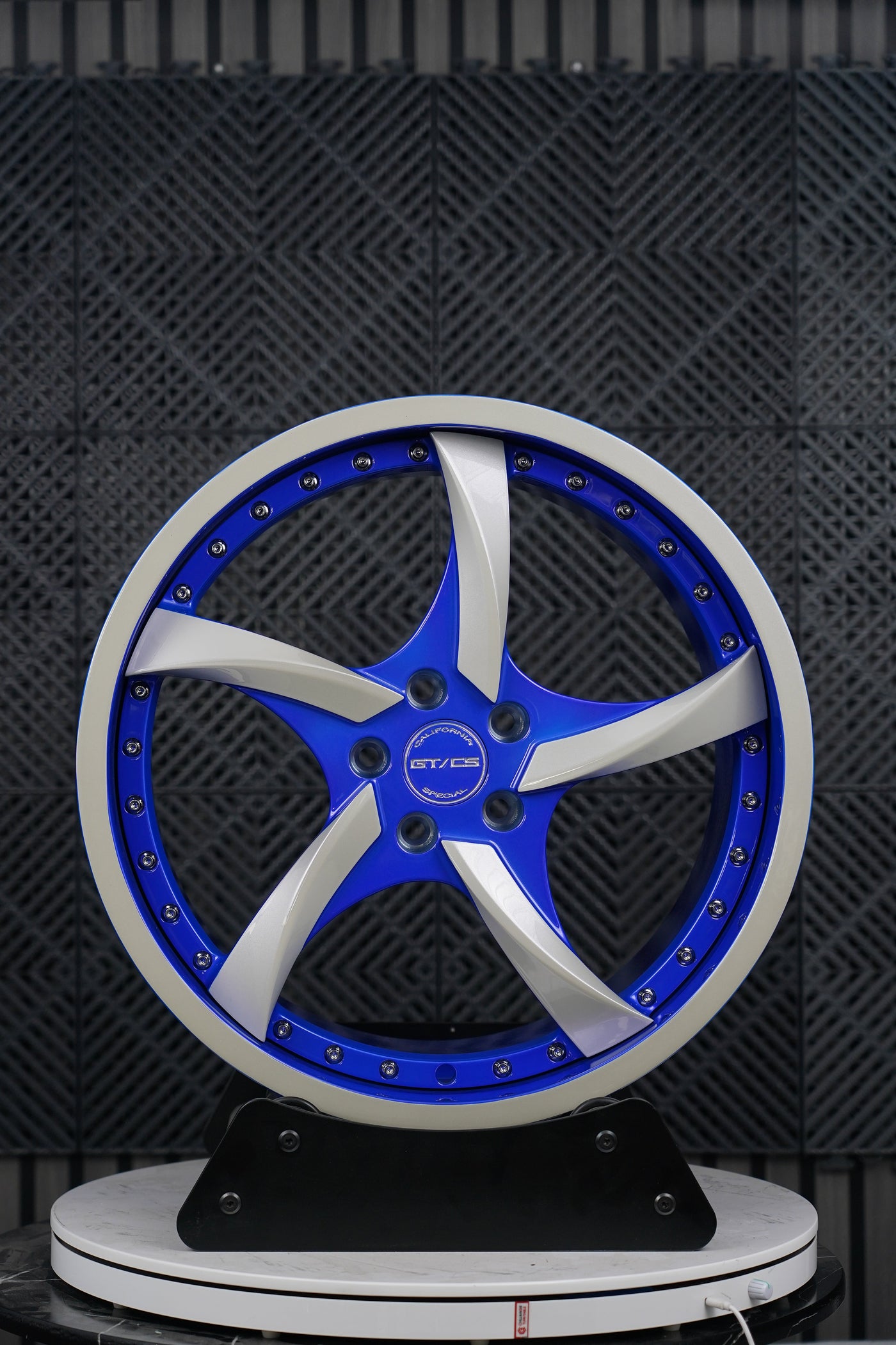 VP08 2024 Ford Mustang GT Premium Performance Pack Big Brakes 5-spoke directional Impact Blue and Silver forged wheel front view 20 inch setup by VASL Performance