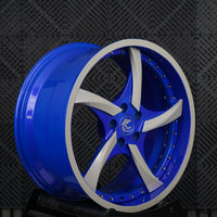 VP08 2024 Ford Mustang GT Premium Performance Pack Big Brakes 2-piece forged 5-spoke directional wheel blue barrel silver spoke detail by VASL Performance
