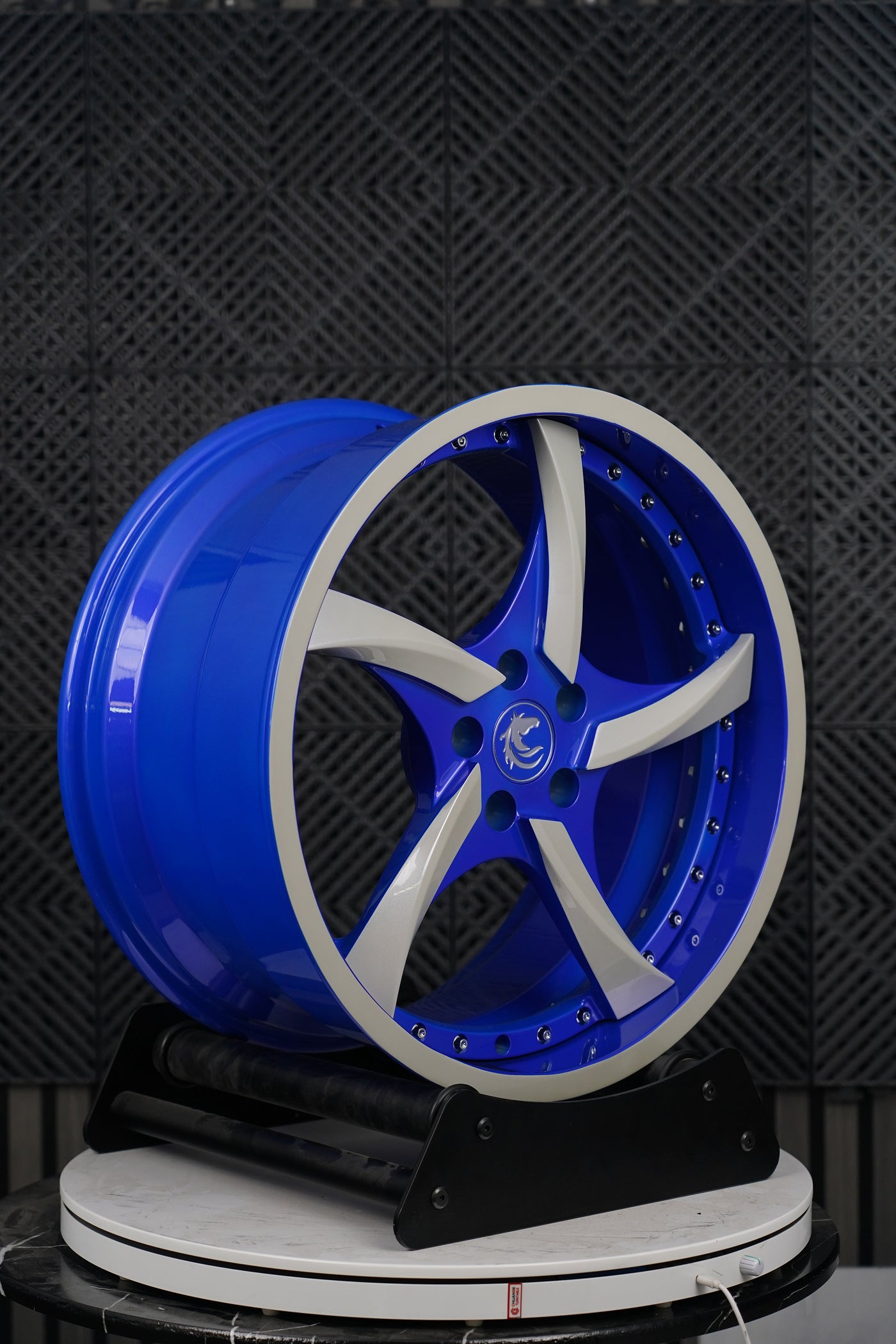 VP08 2024 Ford Mustang GT Premium Performance Pack Big Brakes 2-piece forged 5-spoke directional wheel blue barrel silver spoke detail by VASL Performance