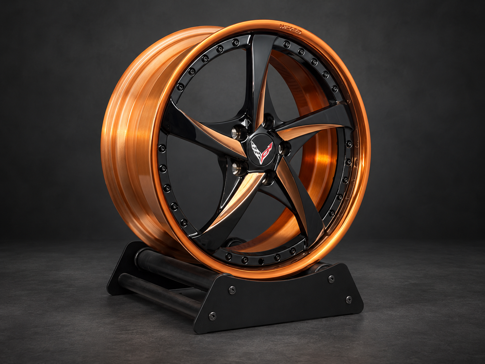 VP08 5-spoke wheels for a 2026 Corvette C8 Stingray Z51, polished copper and gloss black, angled view