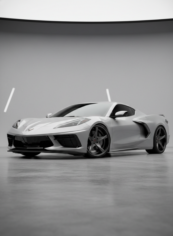 Chevrolet Corvette C8 with VASL VP08 2-piece forged wheels, emphasizing aggressive stance, deep dish profile, and high-performance fitment