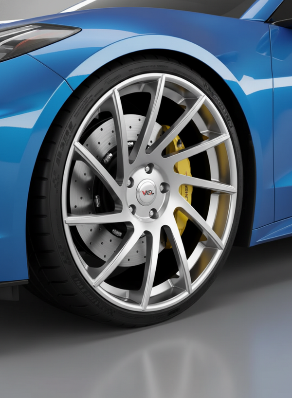 Close-up of VASL VP10 forged 2-piece custom wheel on Chevrolet Corvette C8, highlighting lightweight forged construction and precise fitment