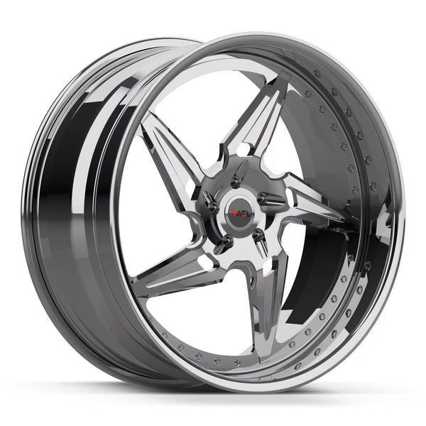 Close-up of VP11 forged wheels for Corvette C8 showing custom finish, hardware, and spoke design