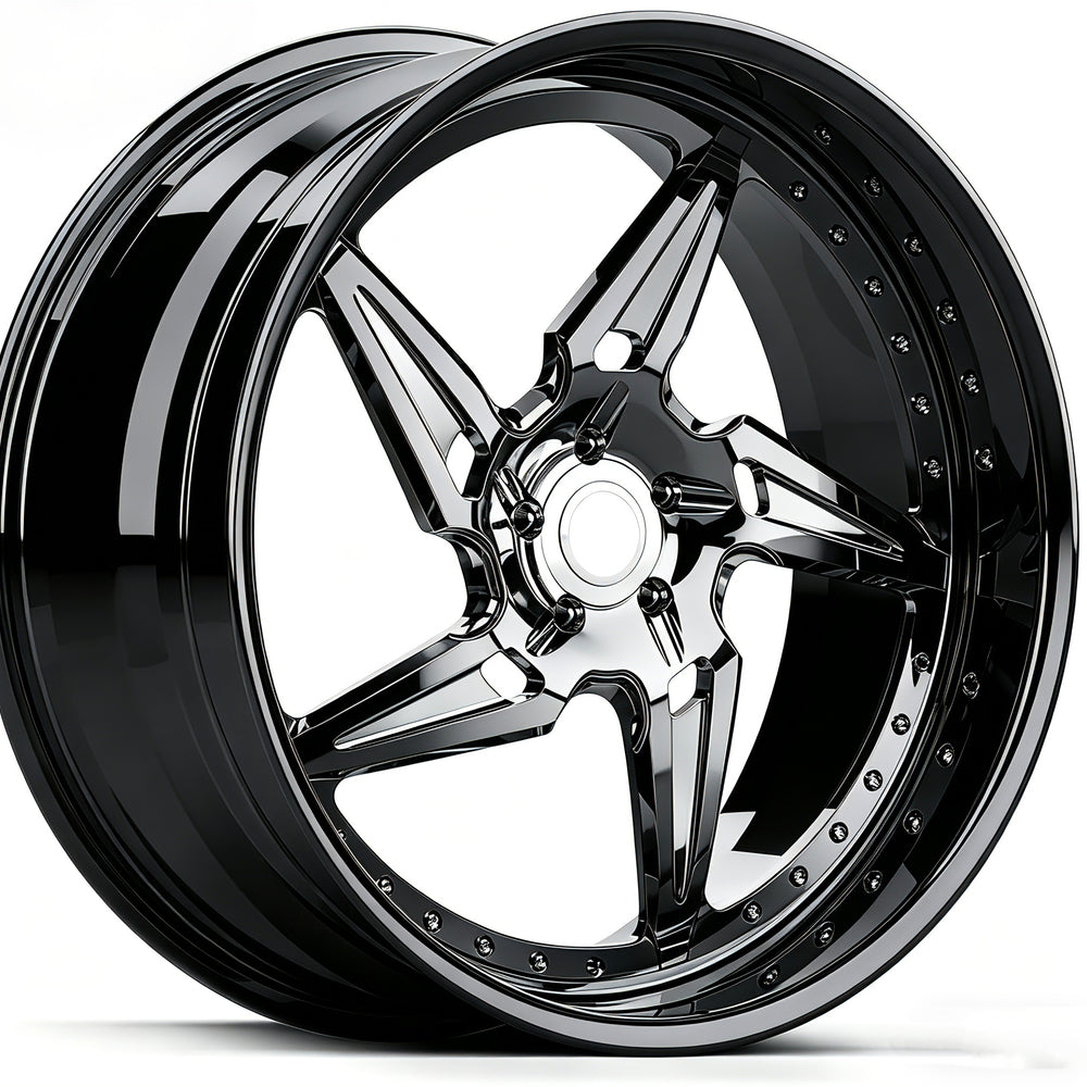 Black chrome custom 5 spoke wheels for Corvette C8 Z06 and E-Ray, ZR1, perfect deep dish style, custom built per order. 