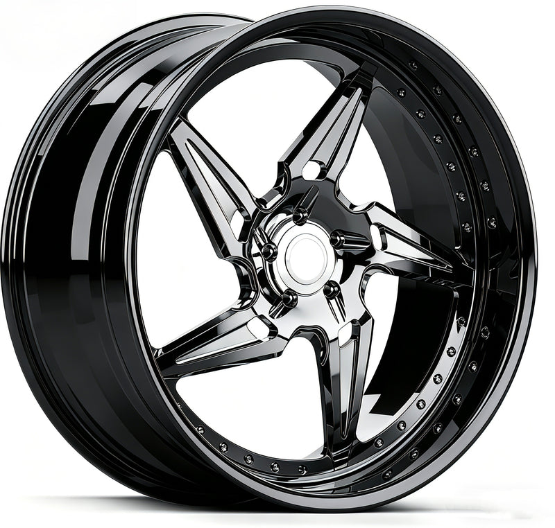 Black chrome custom 5 spoke wheels for Corvette C8 Z06 and E-Ray, ZR1, perfect deep dish style, custom built per order. 