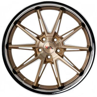 Close-up of forged 2-piece Corvette C8 wheel showing polished lip and concave gold face