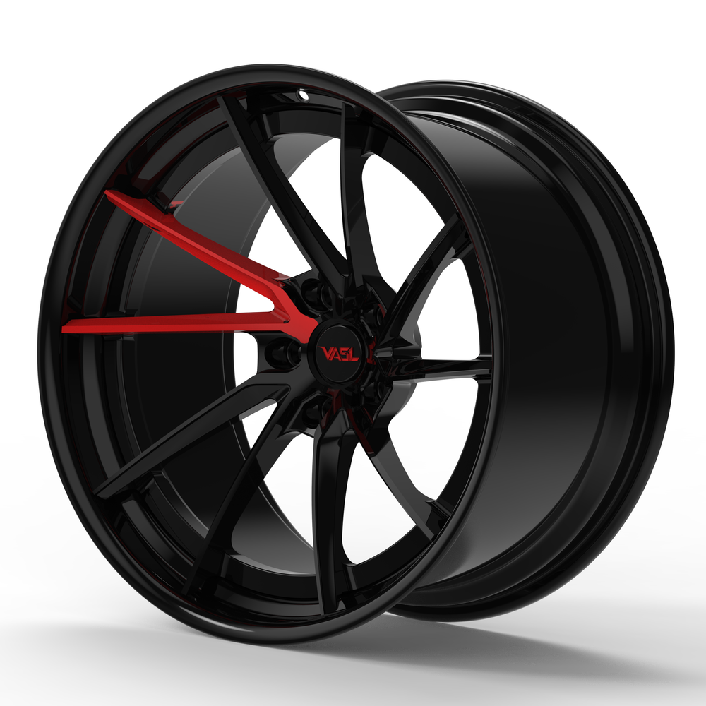 VASL Performance VP22 gloss black 10-spoke forged wheels with red accent spokes for Corvette C8