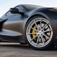 Brushed aluminum custom forged deep concave wheels on black corvette c8 z06, 20x10, 21x13 setup