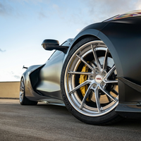Brushed aluminum custom forged deep concave wheels on black corvette c8 z06, 20x10, 21x13 setup