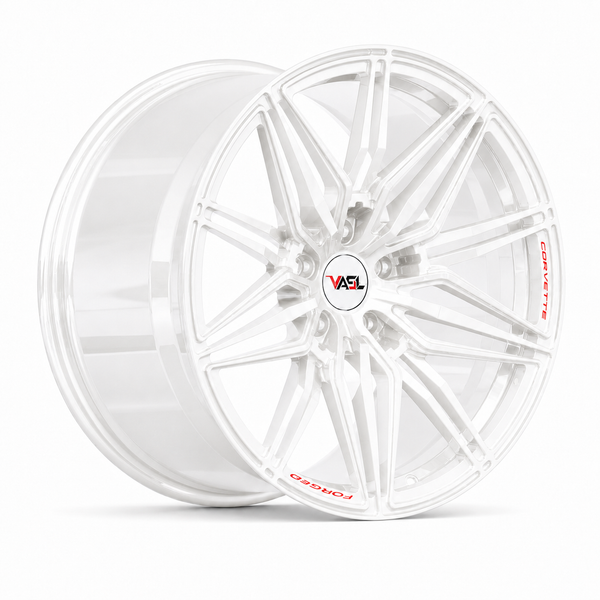 VP30 white multi-spoke forged monoblock C7 Corvette aftermarket wheels with Corvette lip engraving