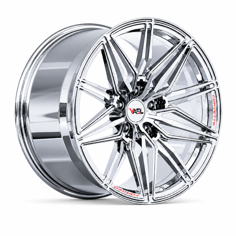 VP30 chrome multi-spoke C7 Corvette forged wheels with Corvette lip engraving