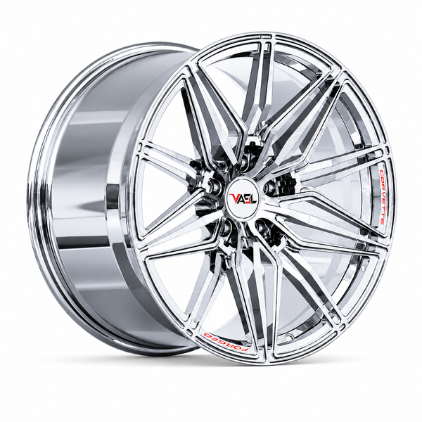 VP30 chrome multi-spoke C7 Corvette forged wheels with Corvette lip engraving