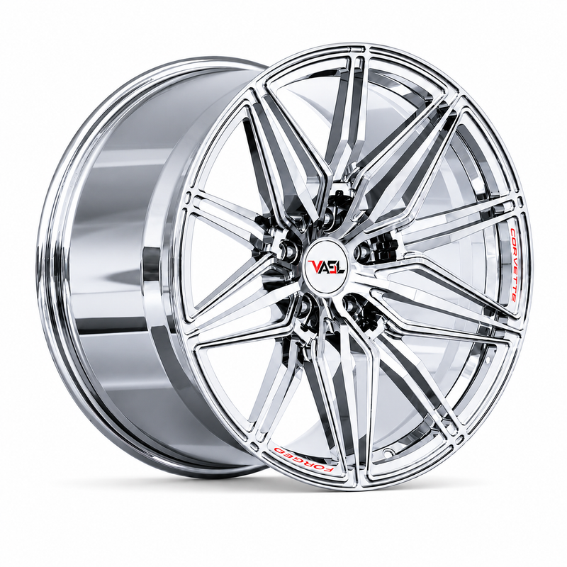 VP30 chrome multi-spoke C7 Corvette forged wheels with Corvette lip engraving