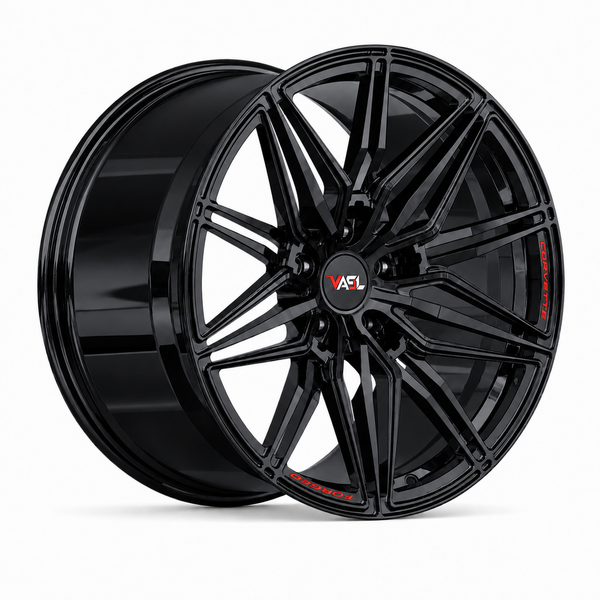 VP30 gloss black multi-spoke C8 Corvette wheels with engraved Corvette lip