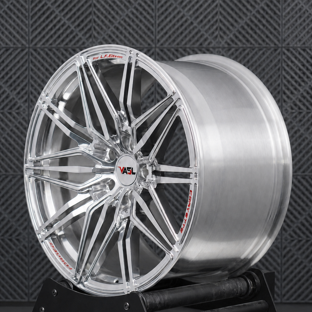 VP30 Corvette C8 Stingray high polished aluminum aftermarket rims multi-spoke monoblock angle view