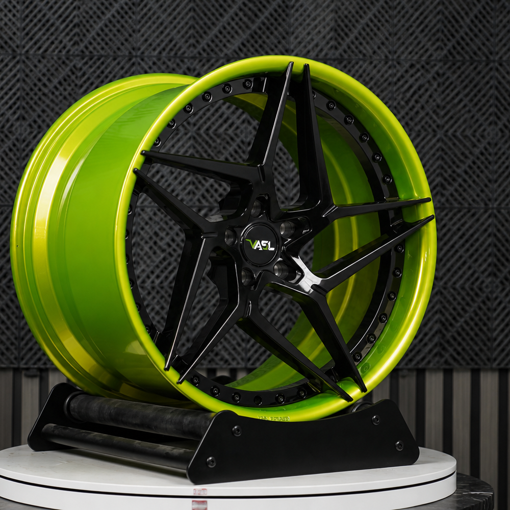 VP33 2025 Corvette C8 E-Ray directional 5-star gloss black and lime green 2-piece forged wheels 20x10 and 21x13 setup by VASL Performance