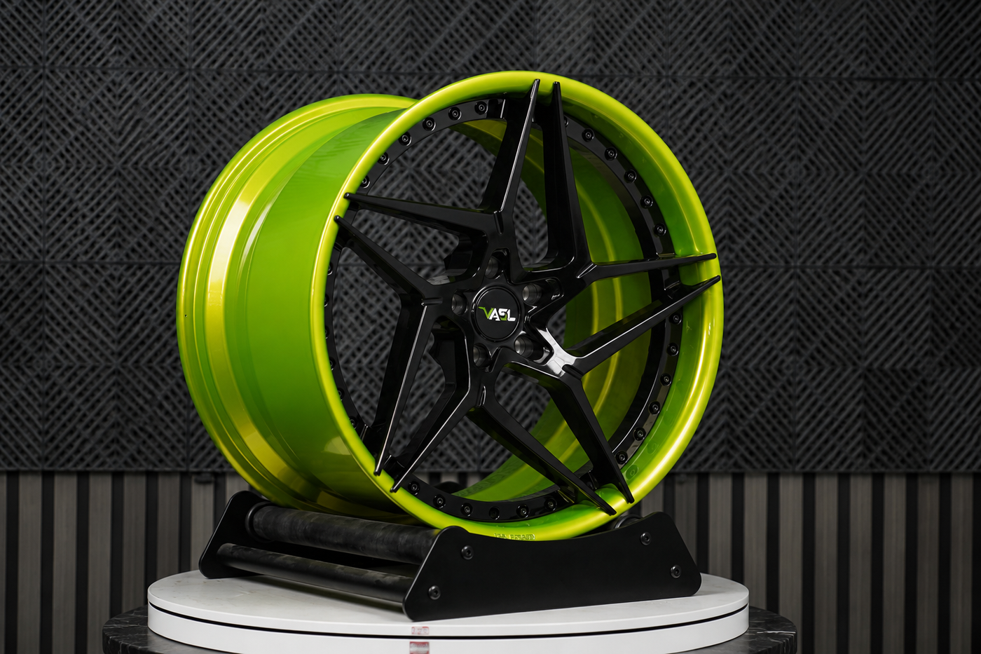 VP33 2025 Corvette C8 E-Ray directional 5-star gloss black and lime green 2-piece forged wheels 20x10 and 21x13 setup by VASL Performance