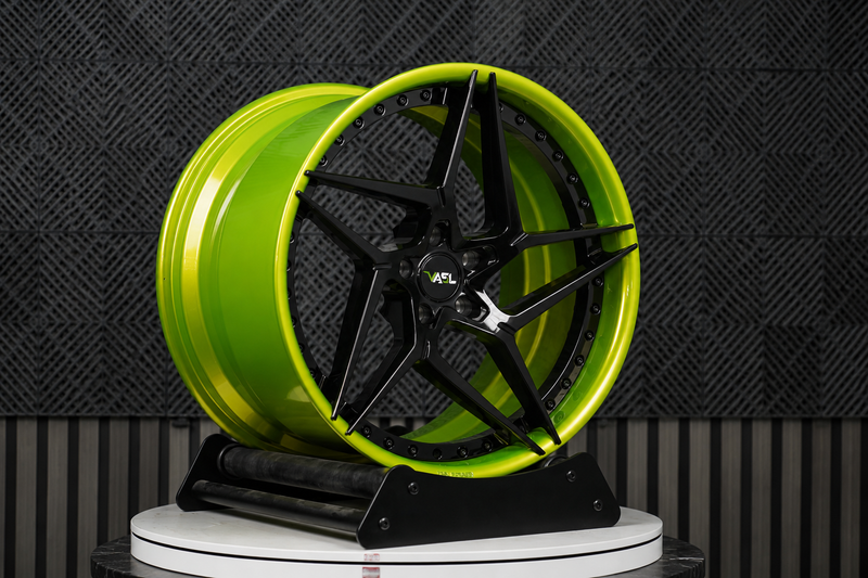 VP33 2025 Corvette C8 E-Ray directional 5-star gloss black and lime green 2-piece forged wheels 20x10 and 21x13 setup by VASL Performance