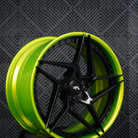 VP33 2025 Corvette C8 E-Ray custom directional 5-star forged rims with gloss piano black spokes and lime green barrel by VASL Performance