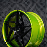 VP33 2025 Corvette C8 E-Ray lowered on Paragon Hyperco springs green and black 2-piece forged wheel side angle by VASL Performance