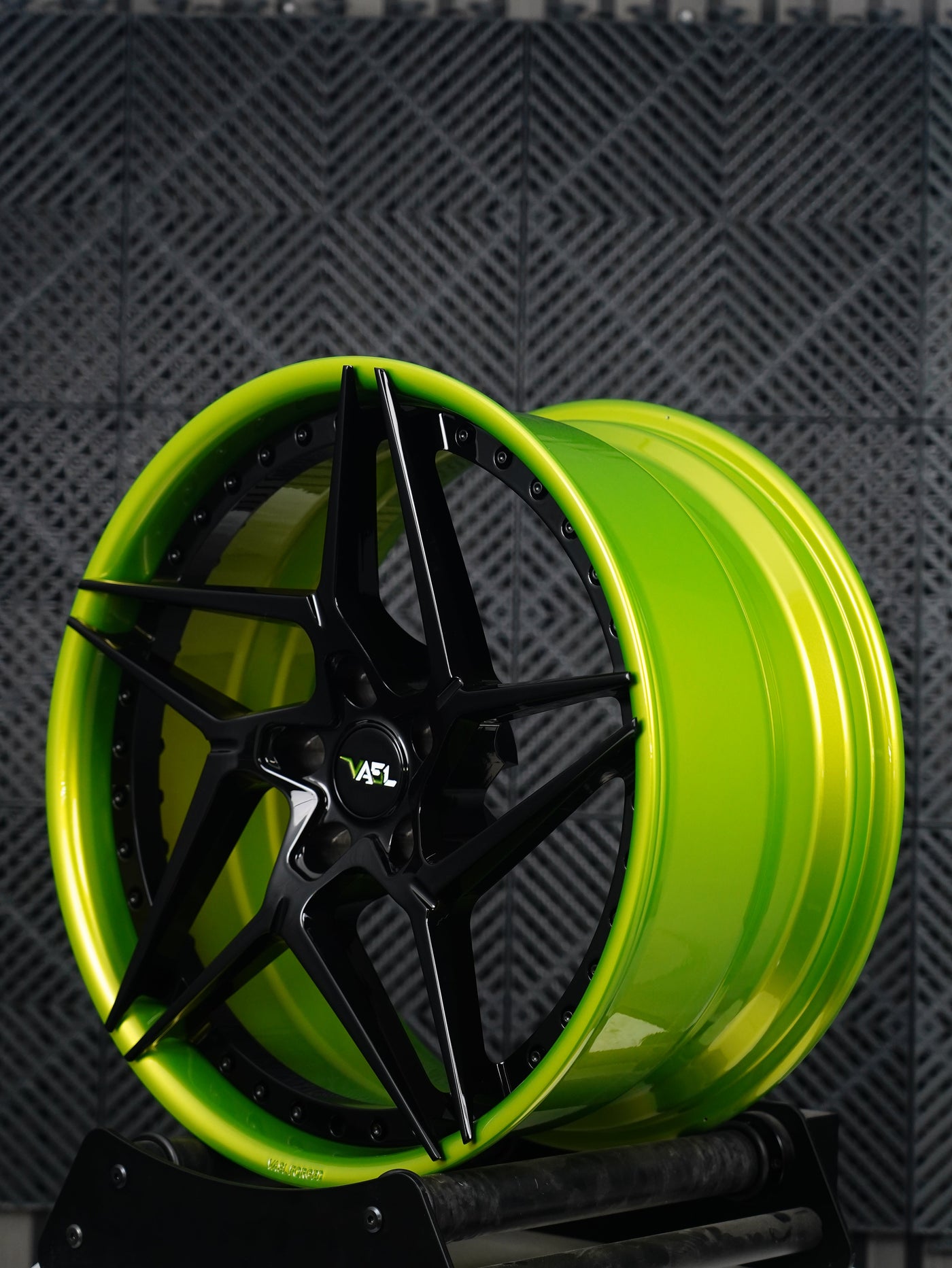 VP33 2025 Corvette C8 E-Ray lowered on Paragon Hyperco springs green and black 2-piece forged wheel side angle by VASL Performance